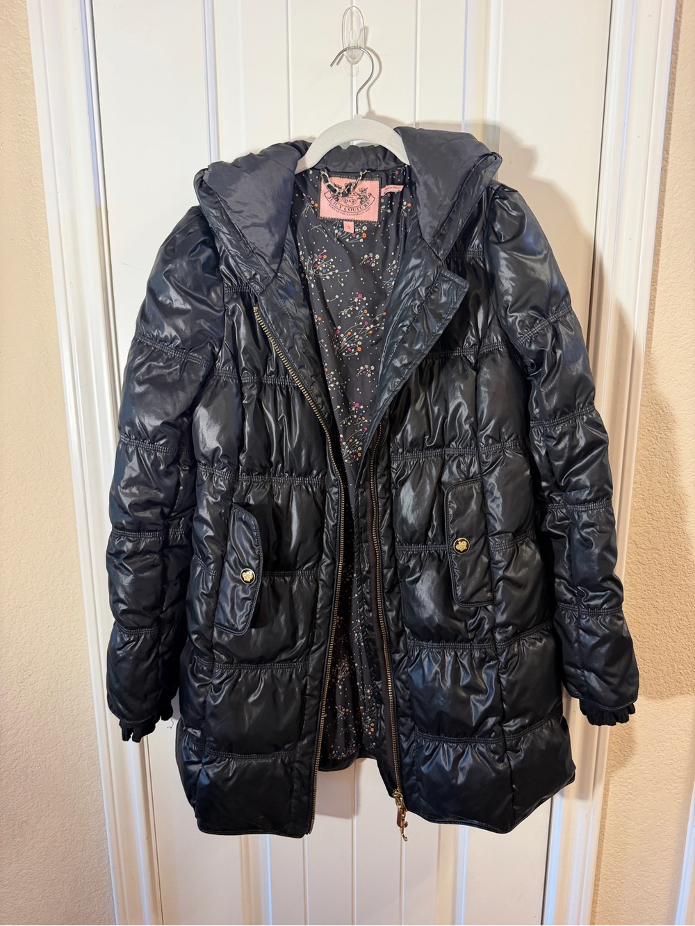 Rare Vintage Juicy Couture Black Long Puffer jacket Crown Buttons Size S
